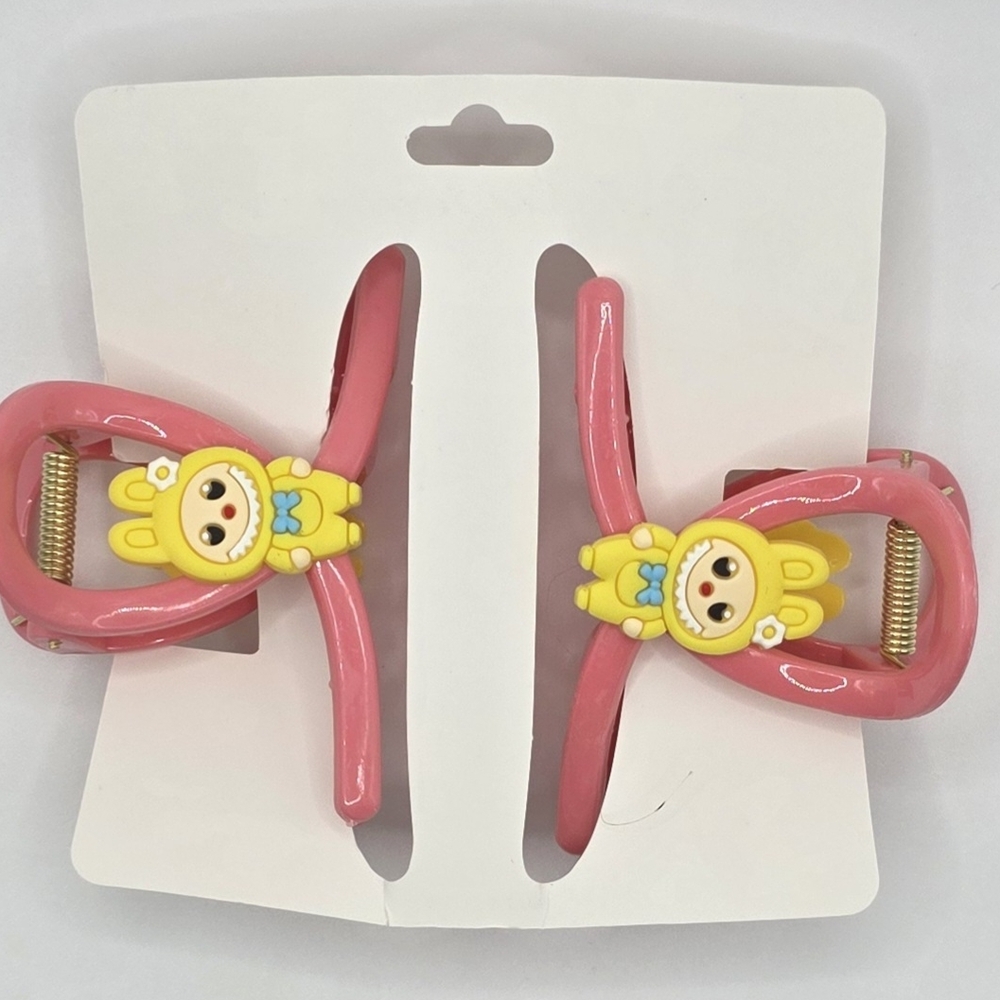 Pink Hair Clips with Yellow Labubu Monsters